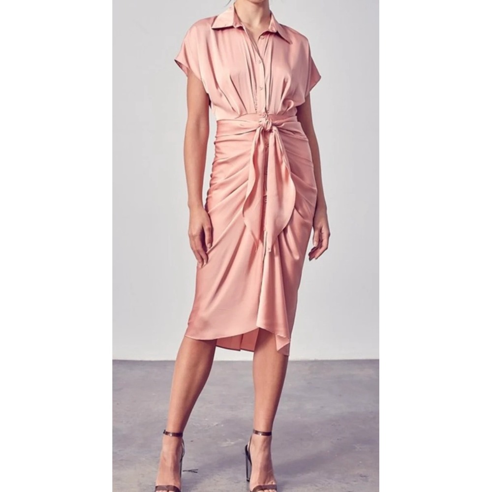 Twenty Ten Shirt Dress Womens Size M Pink Satin Ruched Tie Front Midi  Cocktail